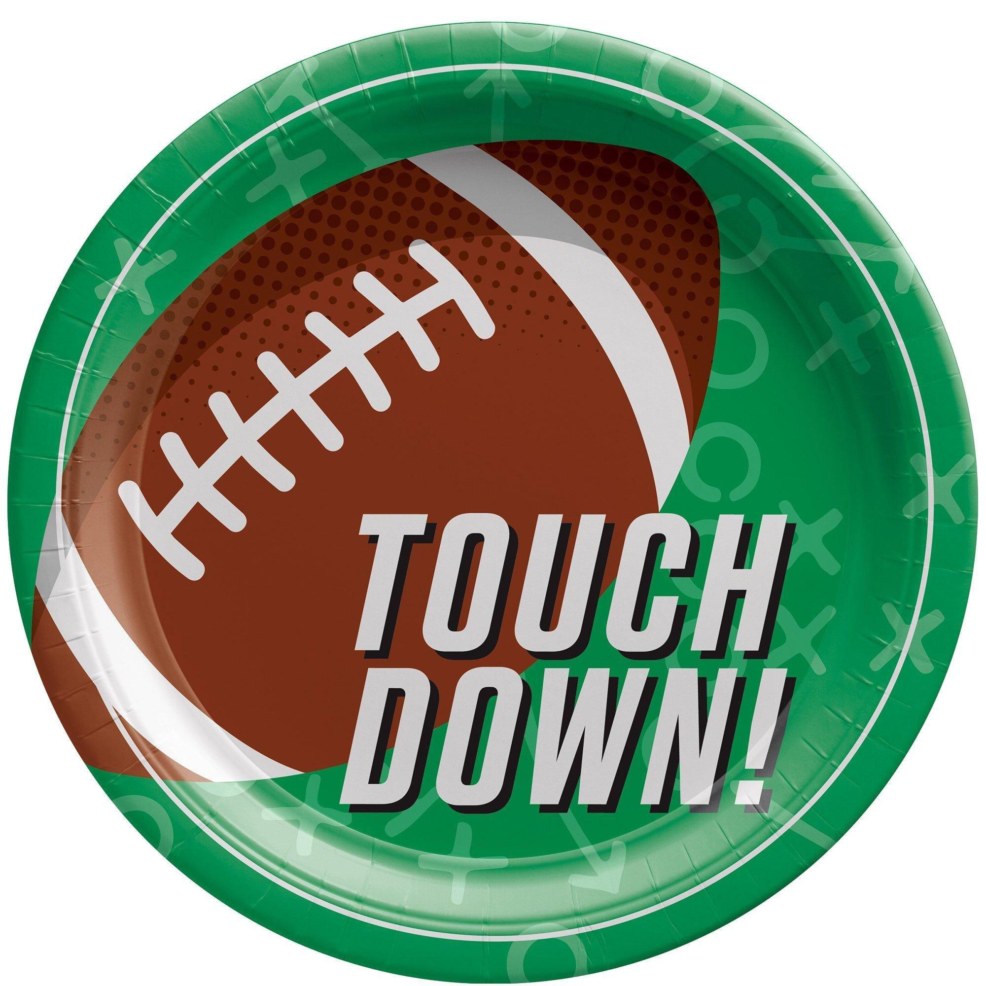 Touchdown Football Party Supplies Pack for 50 Guests - Kit Includes Plates, Napkins, Table Cover, Cups, Cutlery, Serving Platter & Bowl, & Banner Decorations